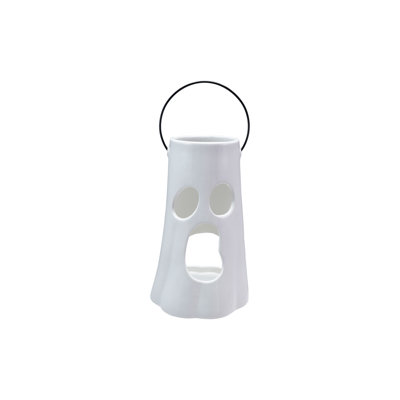 Round Ceramic Lantern With Cut-Out Ghost Face And Metal Handle