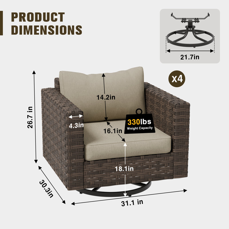 Chaise de patio à bascule pivotante en rotin toutes saisons avec coussins