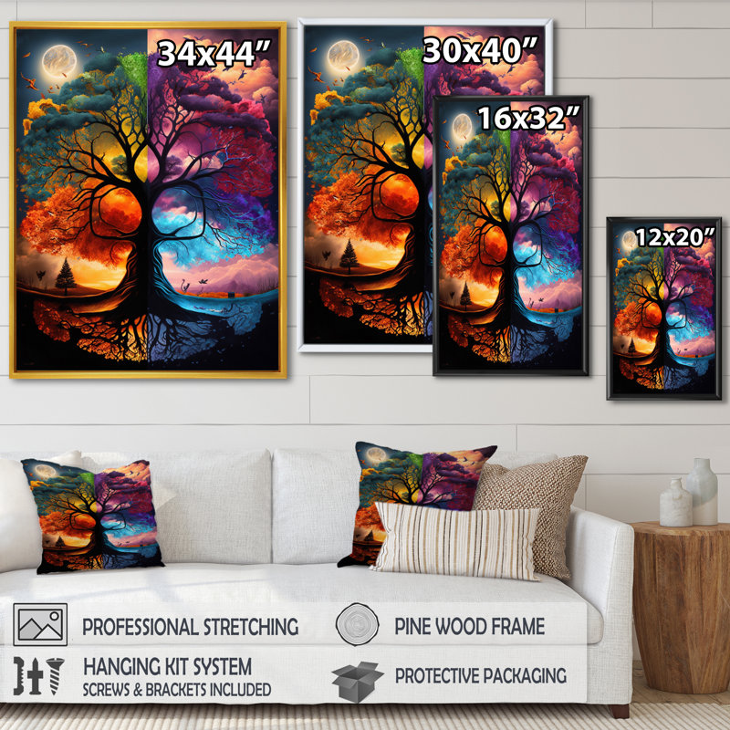 «Tree Of Life Day and Night II - Forest», reproduction sur toile, H 20 po x l 12 po x P 1 po, Cadre flottant noir