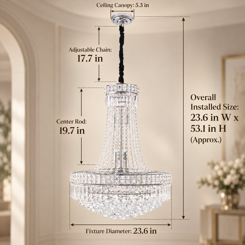24 Inch Silver Six Tier Crystal Empire Chandelier with Cascading Beads for Grand Living Dining and Foyer Ambiance, Silver
