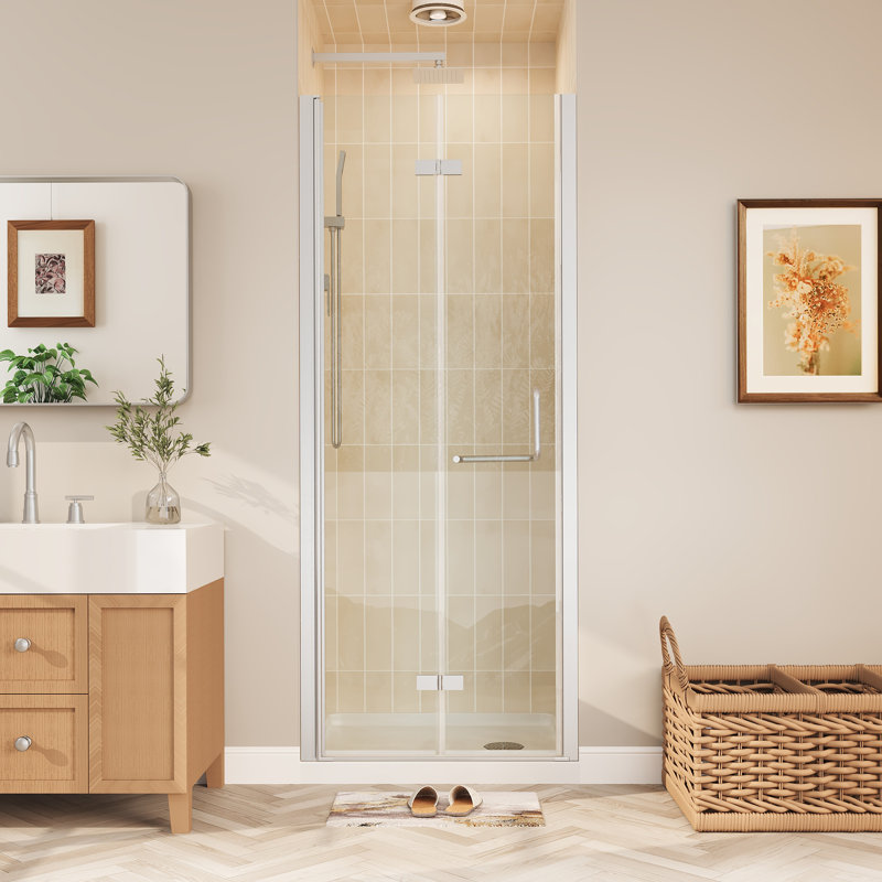 Porte de douche pliante sans cadre compacte avec finition chromée élégante et verre transparent, 30 po x 72 po