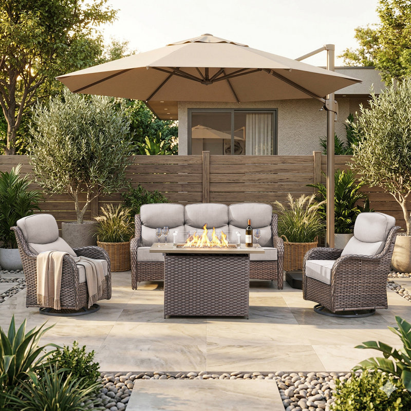 Heritage 4-Piece Outdoor Conversation Set With 3-Seat Sofa, 2 Swivel Gliders & Rectangle Fire Pit Table, 6" Thick All-Weather Cushions