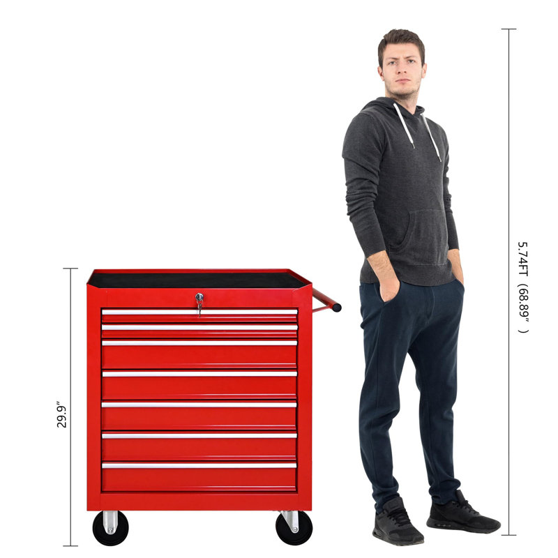 Coffre à outils roulant, coffre à outils avec 7 tiroirs et roulettes, Rouge