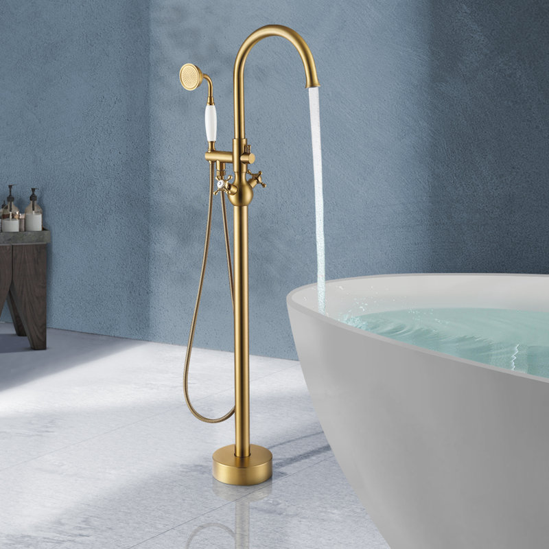 Topcraft Single Handle Floor Mounted Freestanding Tub Filler with Hand shower, Brushed Brass