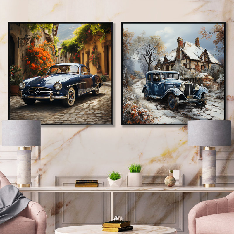 1930S and 1970S Vintage Car Beauty - Ensemble de 2 voitures rétro, Cadre flottant noir, H 16 po x l 33 po