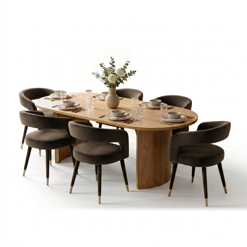 Modern 79" Oval Dining Table Set With 6 Velvet Upholstered Arm Dining Chairs, Mink