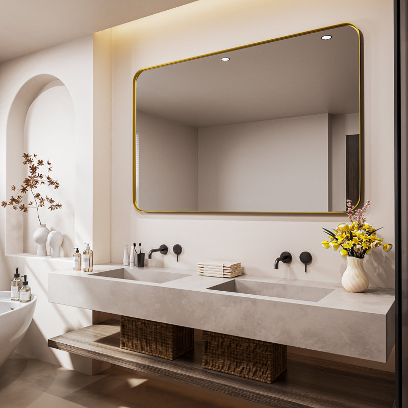 Cozy Design Tempered Glass Framed Wall-Mounted Bathroom Vanity Mirror, Gold, Rectangle, 36" x 55"