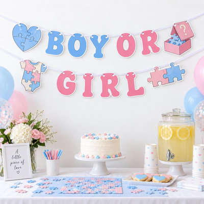 Bannière surprise pour la révélation du sexe du bébé, guirlande de casse-tête rose et bleue garçon ou fille, décoration de fête de bébé en carton