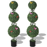 Artificial Triple Ball Topiary Trees, Artificial Plants Outdoor With Vines & Insects Decoration, Set Of 2