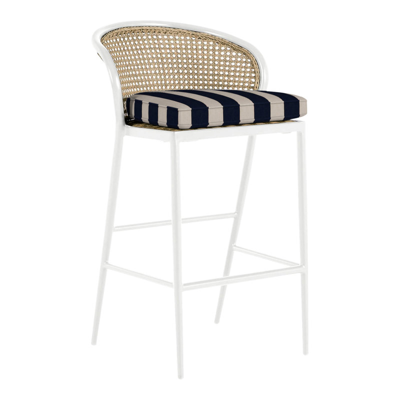 Havana 29.75" Patio Bar Stool with Cushion, Welt, Chalk/Natural Cane, Intermix Indigo