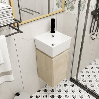 Rossendale 12" Wall-Mounted Single Bathroom Vanity Set, Small Floating Bathroom Vanity with Ceramic Basin Sink Top, 1 Door