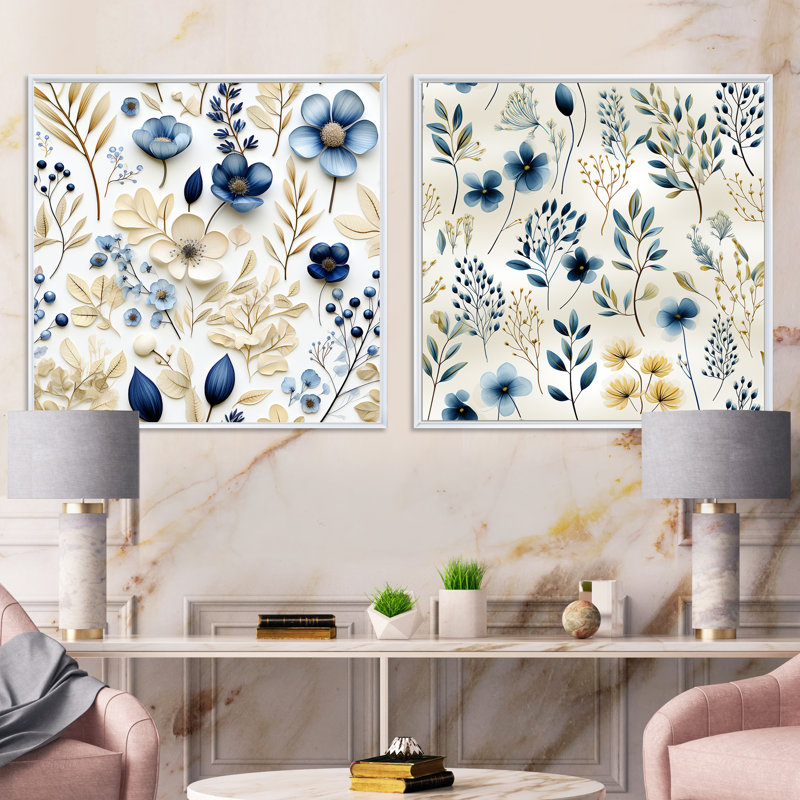 Stretford - Ensemble de 2 collages carrés floral et botanique, H 16 po x l 33 po, Cadre flottant blanc