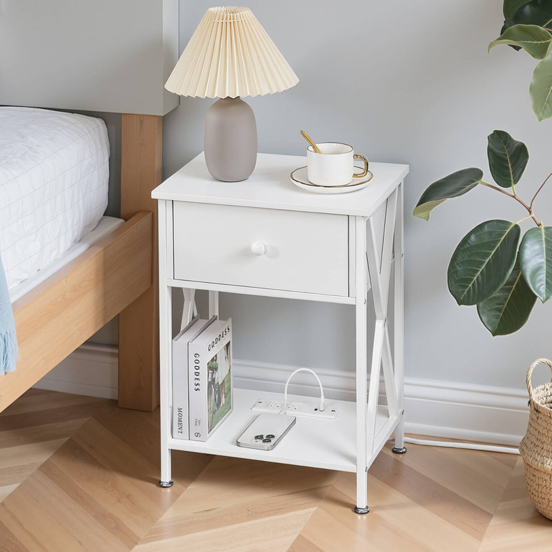 Industrial White Nightstand with Charging Station, Rustic Bedside Table, Individual, White