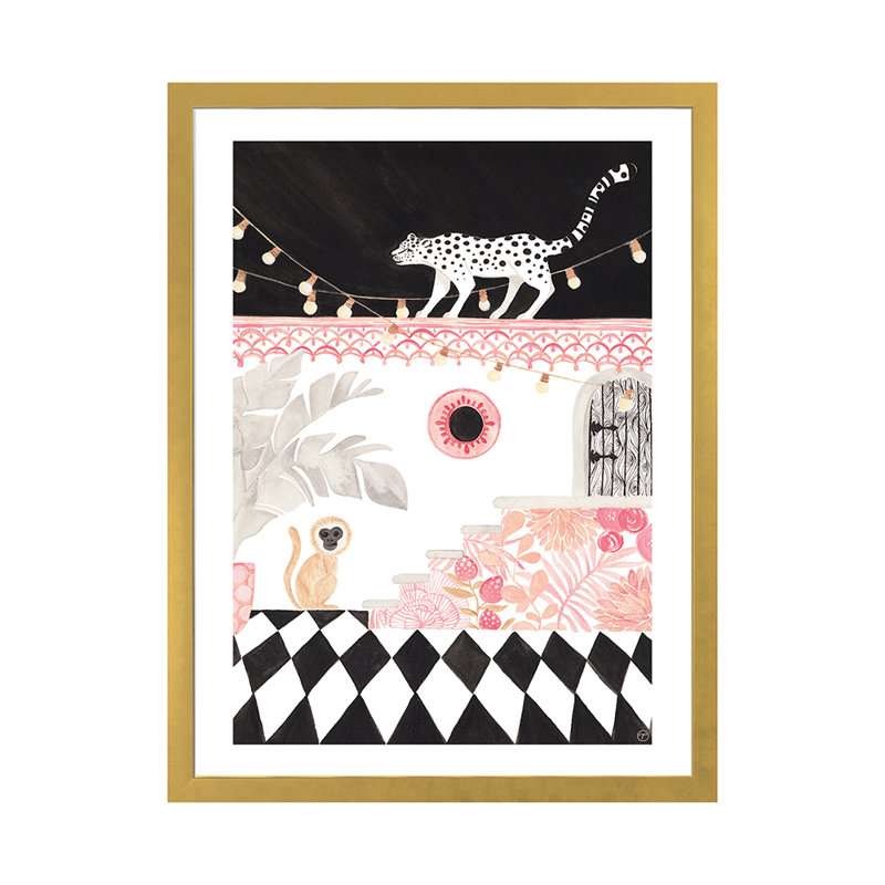 Art sur papier leopard et singe, H 32 po x l 24 po x P 1 po, Papier encadré doré