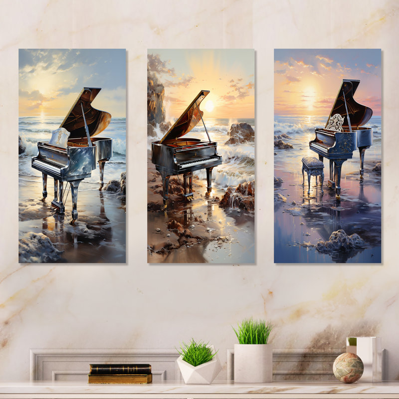 Piano Oceans Orchestra - Music Piano Metal Wall Art Living Room Set Of 3, 28" H x 36" W