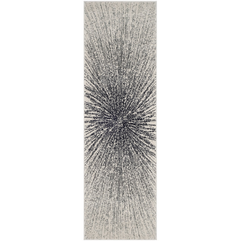 Tapis noir et ivoire à motif abstrait, Tapis de couloir 2 pi 2 po x 13 pi