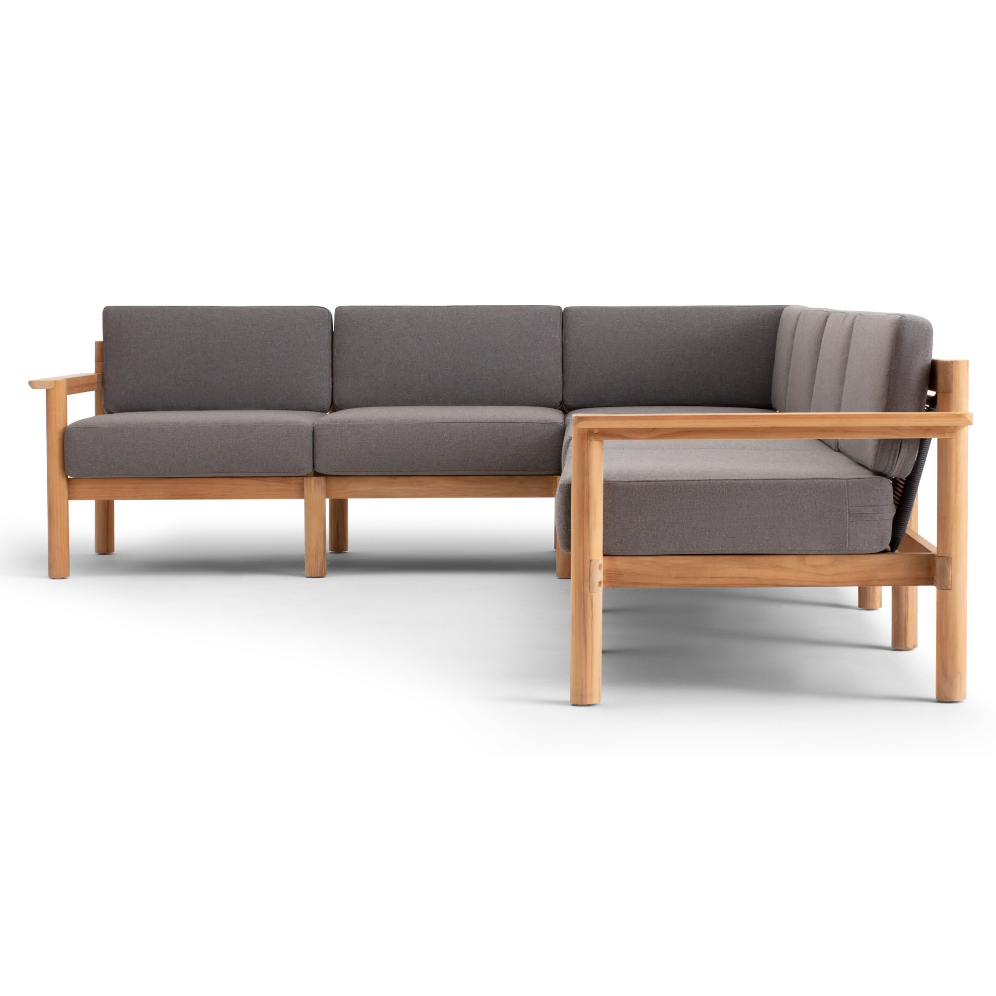 Haven 6-Piece Teak Outdoor Sectional with Sunbrella Cushions and Wooden Armrest in Rust, Sunbrella Greystone