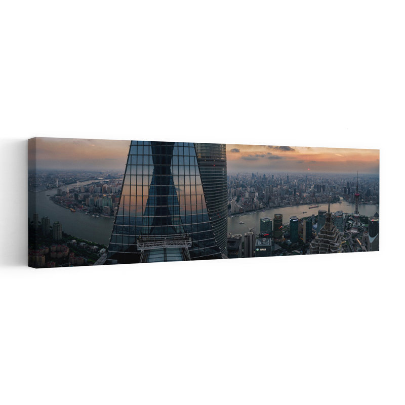 Shanghai City Skyline Dusk by Stan Huang - Wrapped Canvas Panoramic Print, 91.44 cm H x 30.48 cm W