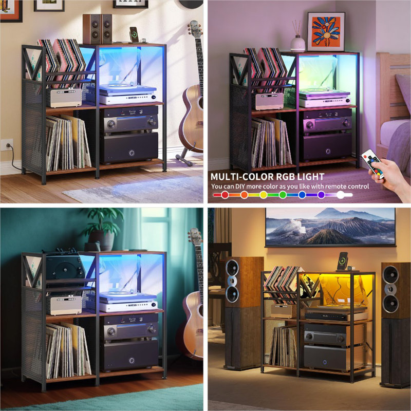 3-Tier Vinyl Record Stand With Built-In Power Outlets & Rgb Led Lights, Sturdy Metal Frame Media Storage Cabinet Holds 300+ Albums, Multi-Functional Turntable Table For Living Room