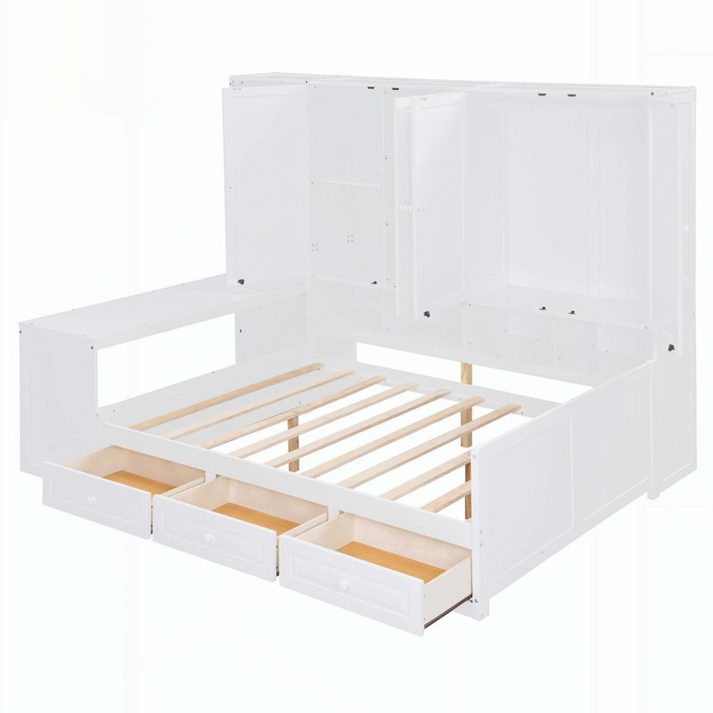 Lit de jour complet avec trois tiroirs, armoire intégrée, bureau et tablettes, parfait pour la vie moderne et l’optimisation de l’espace