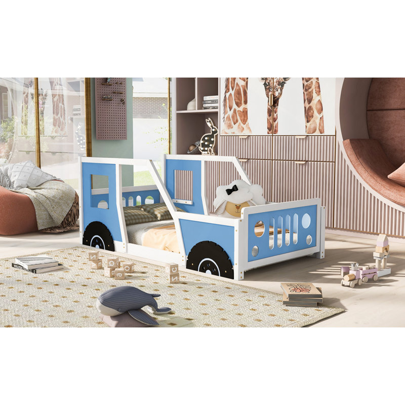 Lit plateforme classique avec roulettes en forme de voiture, Bleu