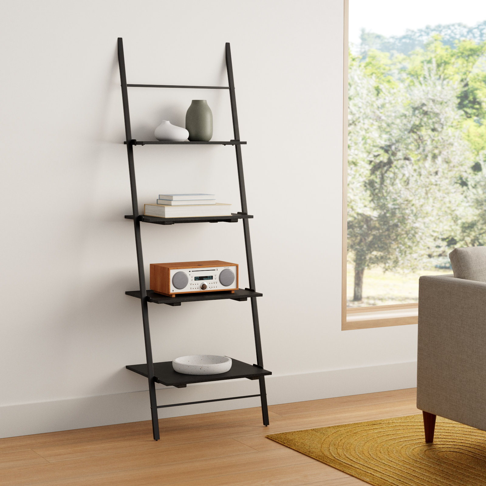 Innes Narrow Ladder Bookcase, Black, (4 Shelves) 74" H x 24" W x 18" D