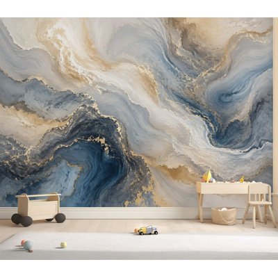 Wall Mural Peel and Stick Wallpaper Abstract Marble Effect Soft Blue Gray Gold Swirls Self-Adhesive Removable Contact Paper Wall Decor for Living Room Bedroom 69"H x 96"W