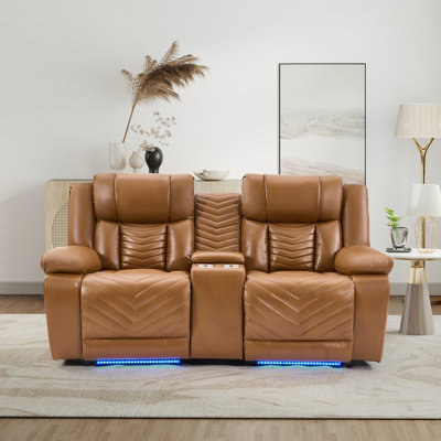 Causeuse inclinable électrique en similicuir avec console de rangement, deux porte-gobelets, appuis-tête réglables, lumières DEL, port de charge USB et de type C et siège de cinéma maison