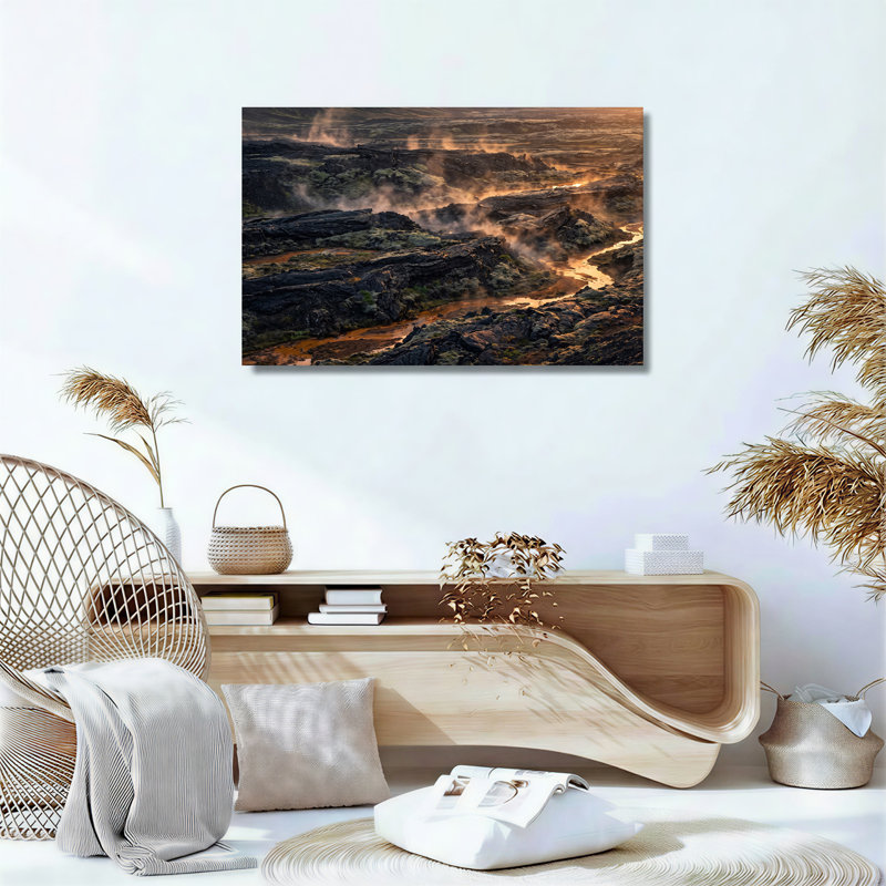 Art mural sur toile volcanique volcanique avec mousse verte et vapeur montante, H 18 po x l 24 po