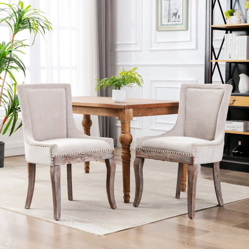 A&a furniture ultra side dining chairs | set of 2 | thickened fabric, solid wood legs | bronze nailhead, Brown