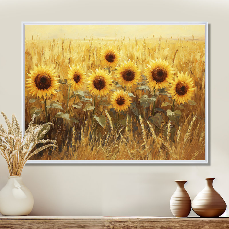 Dreshan, grange, tournesols dans le champ de blé I - tournesols, art mural, H 34 po x l 44 po, Impression encadrée flottante