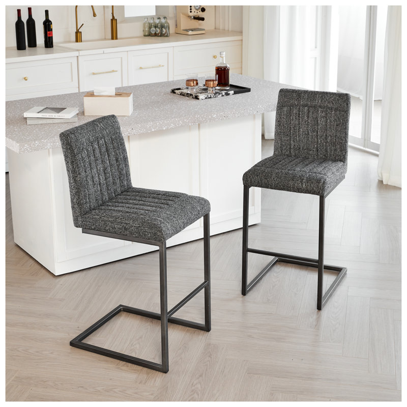 Tabouret de bar touffeté gris moucheté - Tabouret de comptoir de cuisine en métal noir avec repose-pieds pour bar personnel