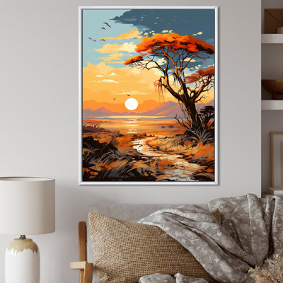 Coucher de soleil africain, savane, harmonie II - arbre, art mural africain