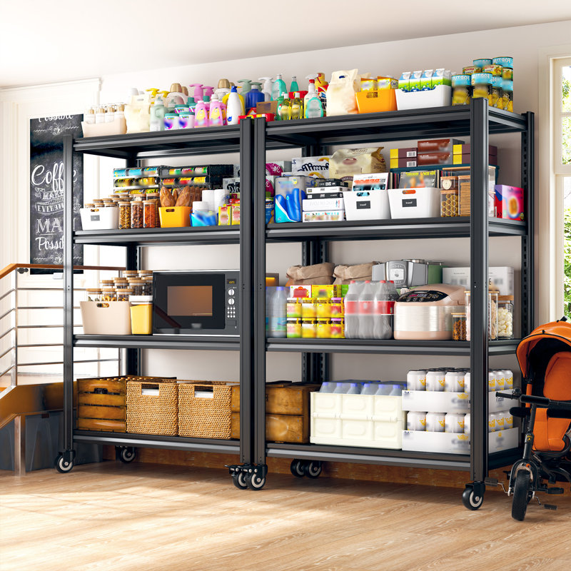 4-tier Heavy Duty Steel Shelving  Unit With 4 Lockable Wheels, Adjustable Shelving Rack With Double-layer Support Columns
