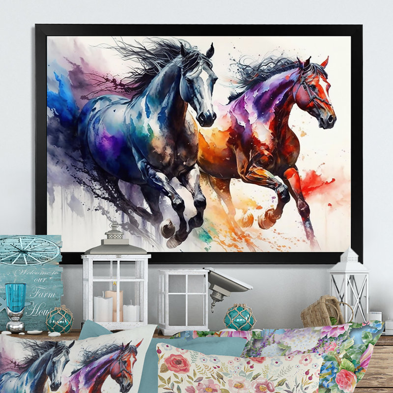 Chevaux qui courent II - cheval, art mural, Cadre simple noir, H 16 po x l 32 po x P 1 po
