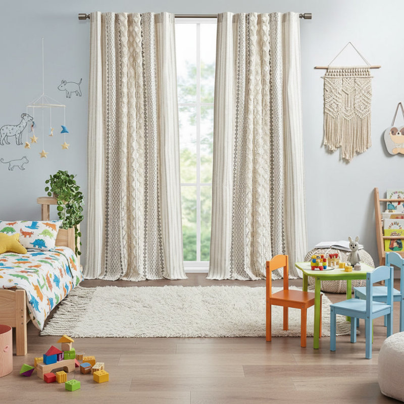 Panneau de rideau en coton avec rayure en chenille et doublure ivoire 50 x 95 po