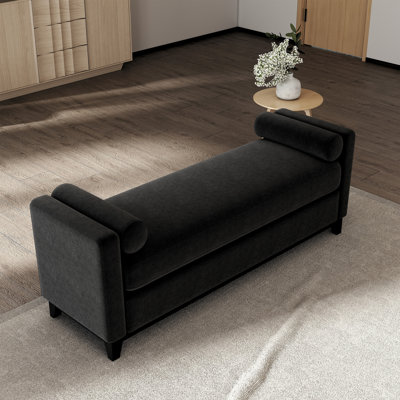 Banc / lit de jour / repose-pieds en sherpa noir 66,34 pouces avec pieds en bois massif noir et 2 traversins, idéal pour le lit, la chambre à coucher, le salon et le vestibule