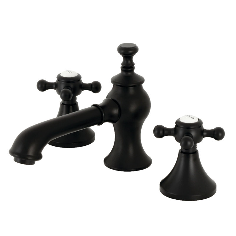 Kingston Brass English Country Two-Handle 3-Hole Deck Mount Widespread Bathroom Faucet with Brass Pop-Up Drain, Matte Black
