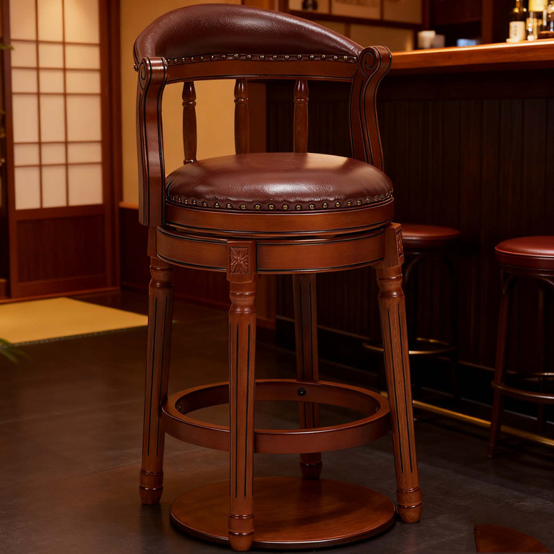 Cow Top Leather Wooden Bar Stools, Brown