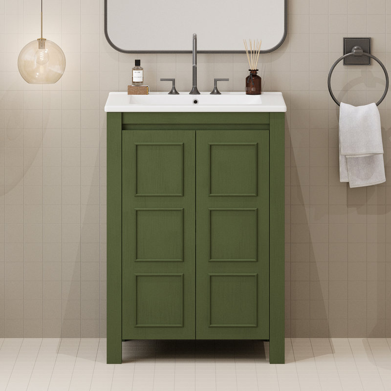 Meuble-lavabo de 24 po de style rétro avec lavabo en céramique, structure en bois massif, pièces, tableaux d'apparence à fermeture en douceur,