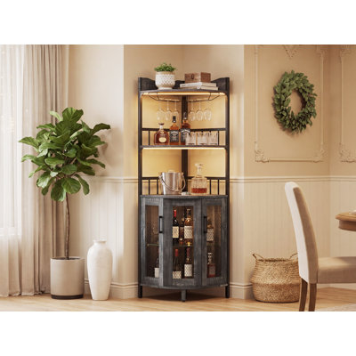 Corner Bar Cabinet Charging Station & LED Lights, Rustic Farmhouse Liquor Storage Wine Rack & Glass Holder, Brown by 17 Stories