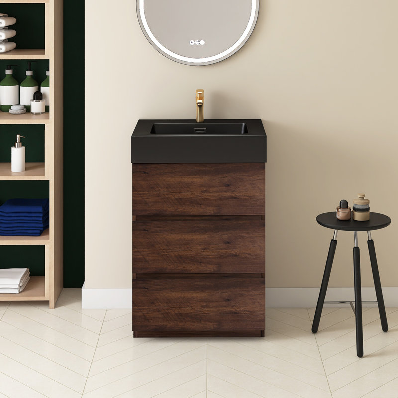 Rokeya 24'' Single Sink Freestanding Bath Vanity, Black, Walnut