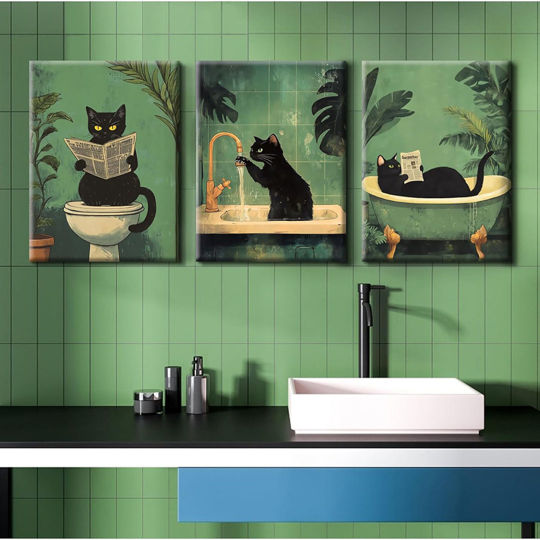 Cat Bathroom Wall Art Funny Canvas Wall Decor Black Cat Pictures Cute Prints Whimsical Bathroom Poster Quirky Animal Art Green Vintage Painting Artwor