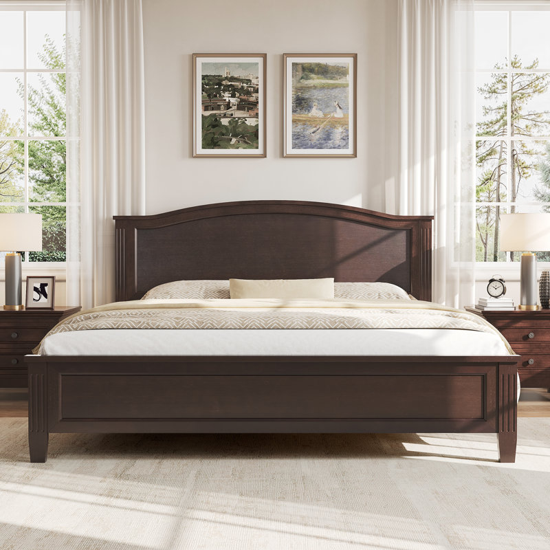 Grand lit plateforme avec tête de lit, pieds de support en lattes de bois, lit plateforme espresso robuste, Grand lit