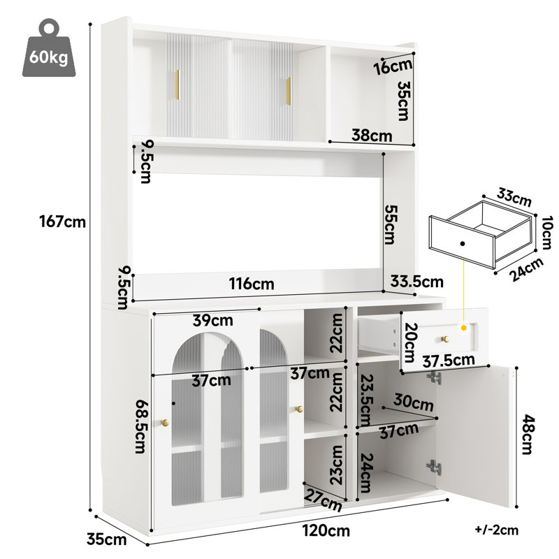 120×35×167cm White & Black Tall Buffet Display Cabinet with Sliding Glass Doors, App-Controlled Music Sync LED & Adjustable Inner Storage Shelves