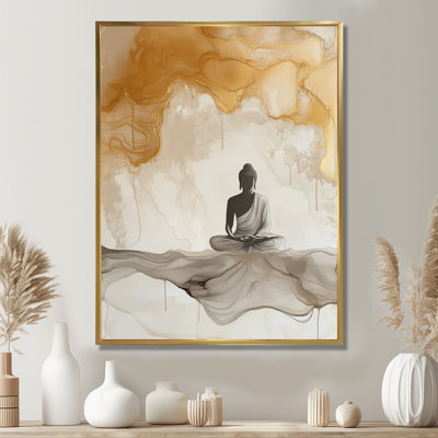 Bouddha en un seul souffle - impression spirituelle murale encadrée beige