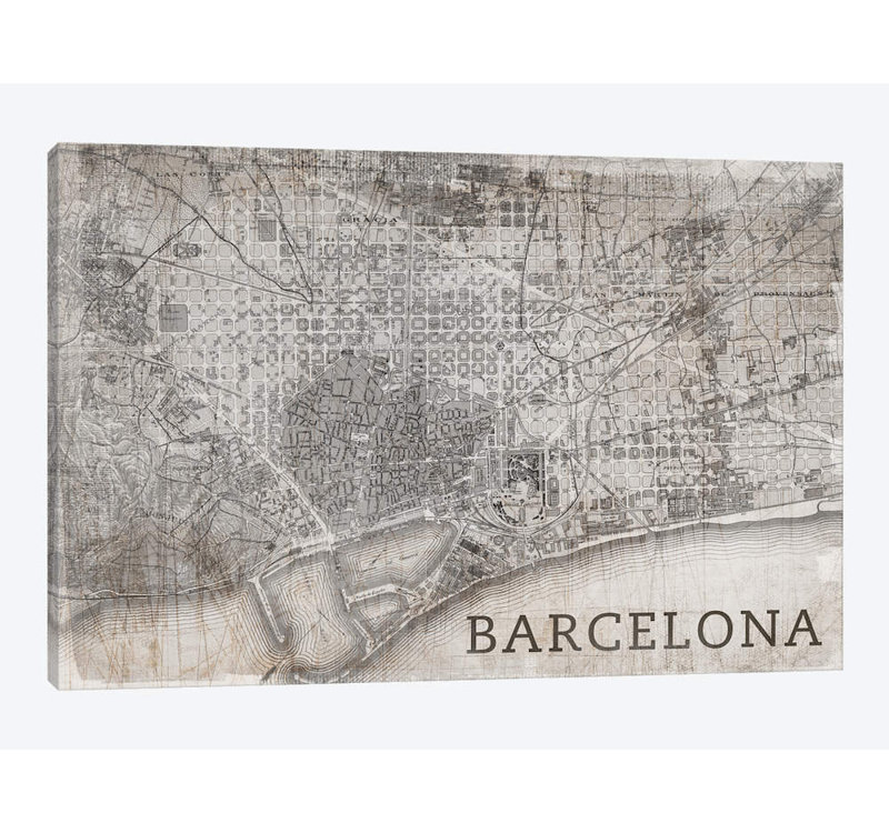 «Map Barcelona, Vintage» par PI Studio, reproduction d'art textuel sur toile sans cadre, H 8 po x l 12 po x P 0,75 po