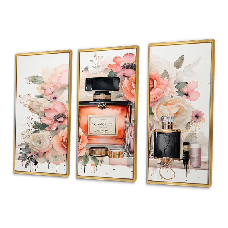 «Pink Fragrant Impressions Perfumes», art mural parfums, Cadre flottant doré, H 28 po x l 36 po