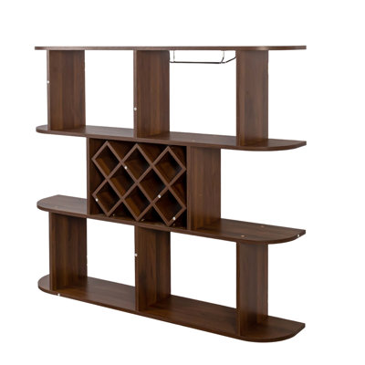 Wall Mounted Bar, 3 Tier Bottle Wine Rack, Glass Holder, Walnut Brown by Benjara