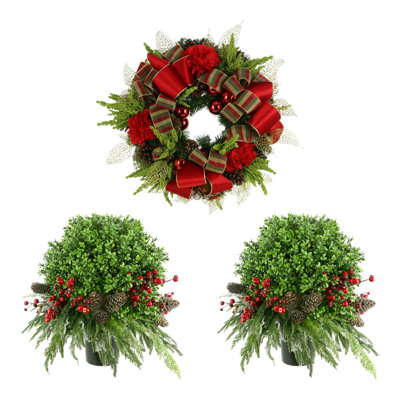 26" Holiday Wreath with Two UV Rated Boxwood Topiary Drop-Ins